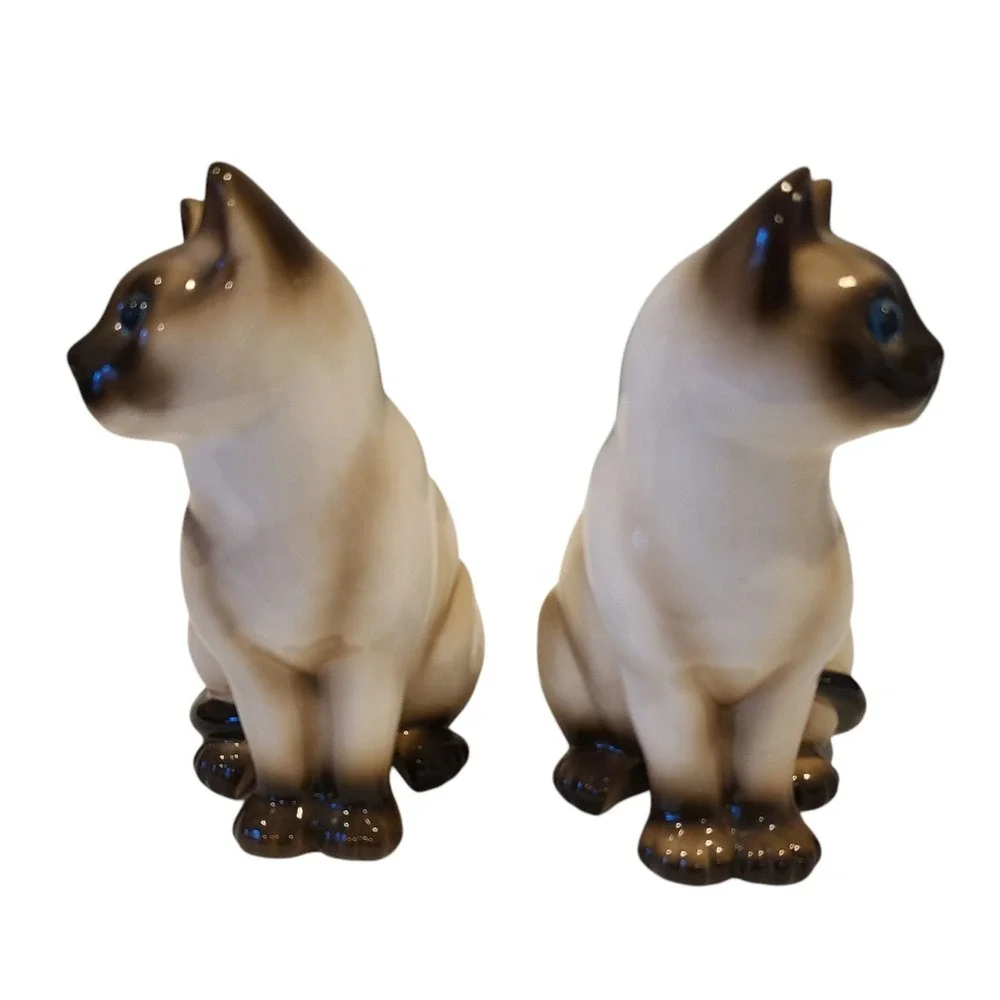 Vtg Pair‎ of Vintage Enesco Ceramic Siamese Cat Figures 6 3/4